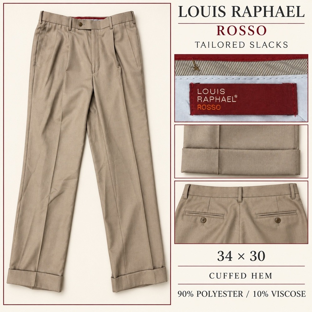 Louis Raphael Rosso Tan Pleated Cuffed Slacks Mens 34x30 Khaki Dress Pants